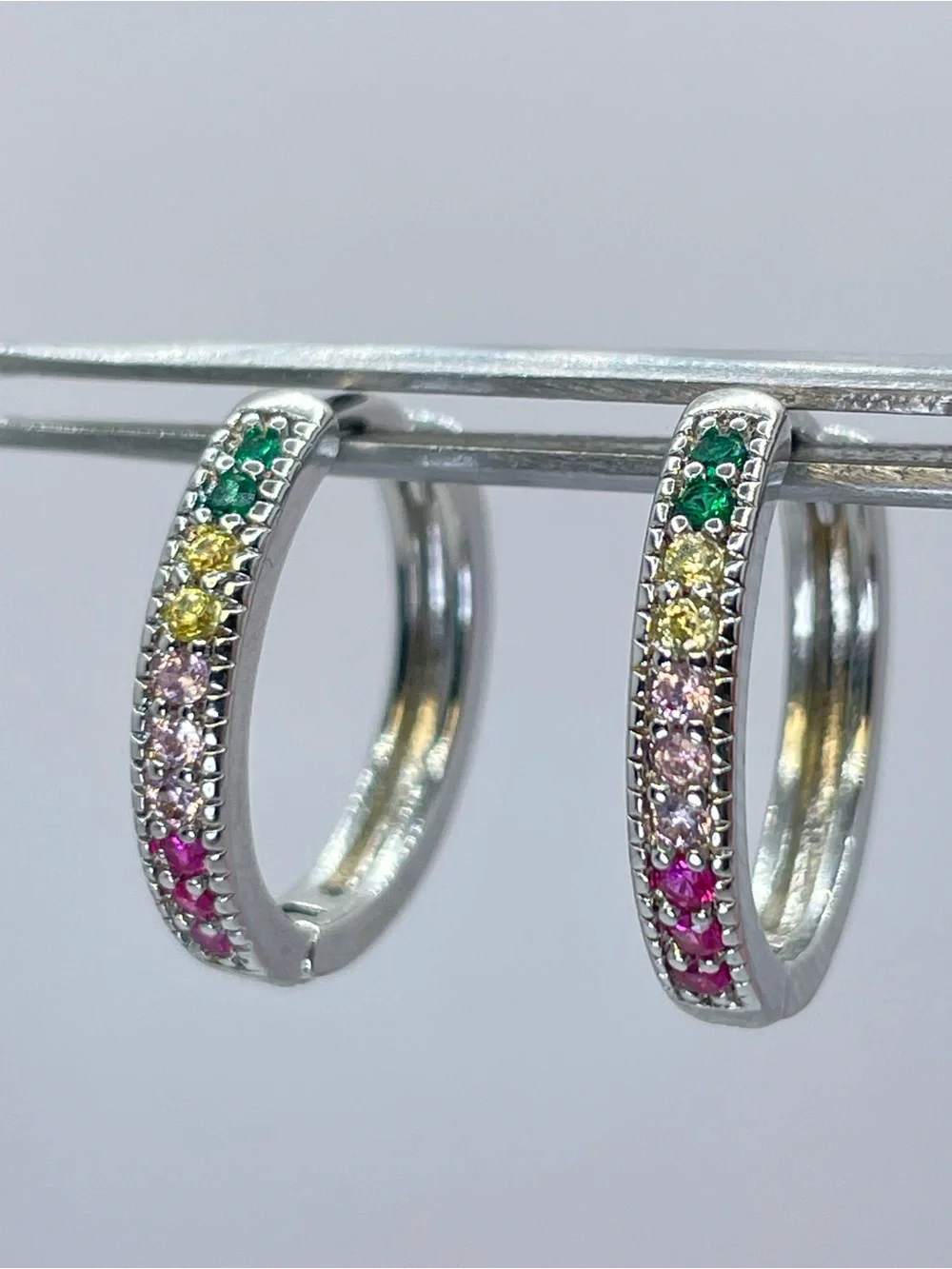 Silver Rainbow Crystal Hoop Earrings Colorful Minimalist Chic